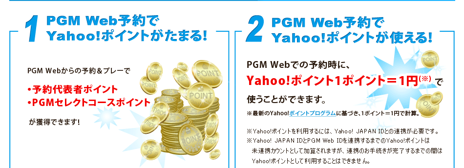 1,PGM Web予約でYahoo!ポイントがたまる！／2.PGM Web予約でYahoo!ポイントが使える！