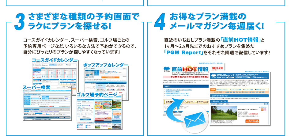 3.さまざまな種類の予約画面でラクにプランを探せる！／4.お得なプラン満載のメールマガジン毎週届く！