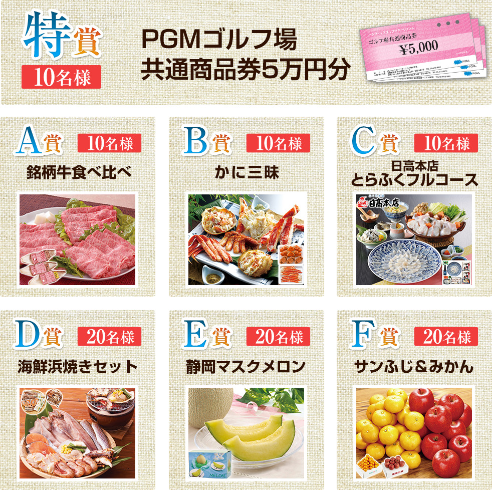 特賞：PGMゴルフ場共通商品券5万円分